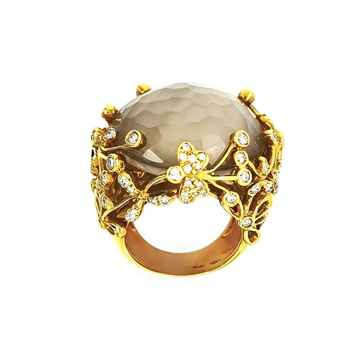 detail Zlatý Prsten s Perletí, Quartzem a Diamanty