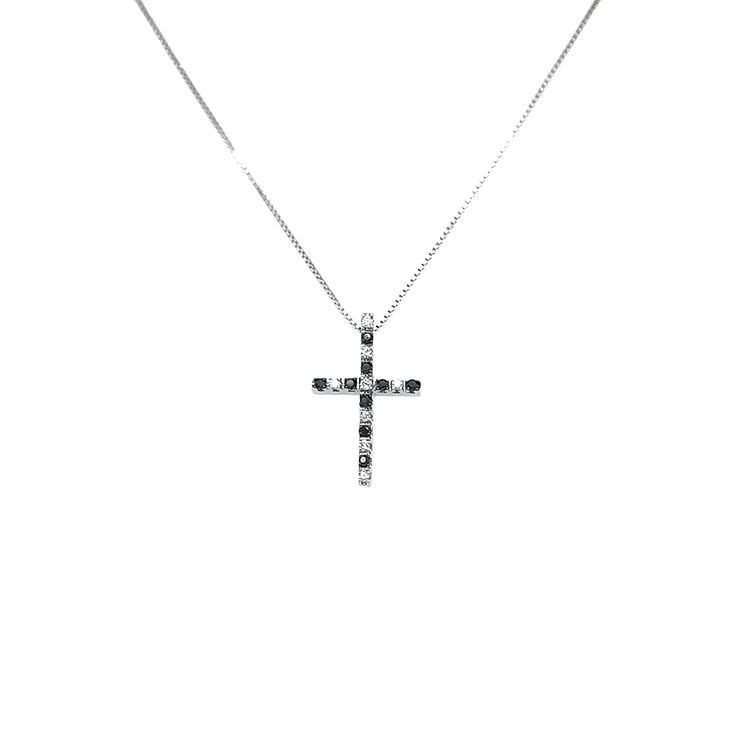 detail Zlatý Přívěsek Kříž s Černými a Bílými Diamanty