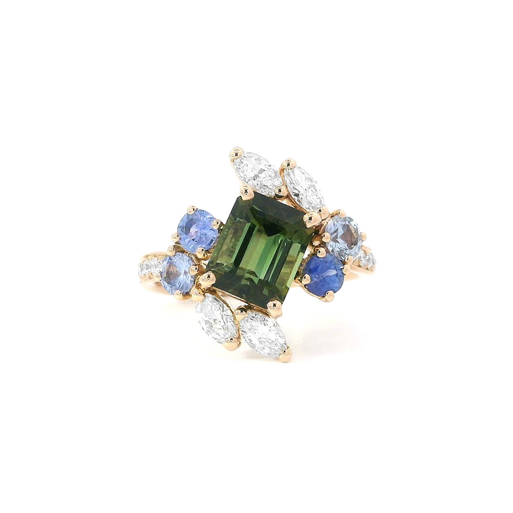 detail Prsten Elegance Přírody – Turmalin v Kombinaci se Safíry a Diamanty