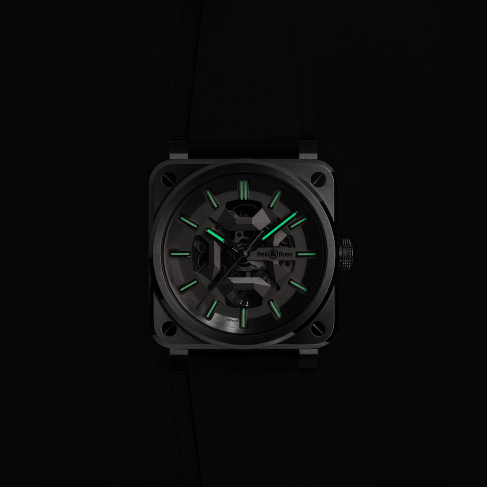 detail Bell & Ross BR-03 Skeleton Grey Steel BR03A-GR-SKST/SRB