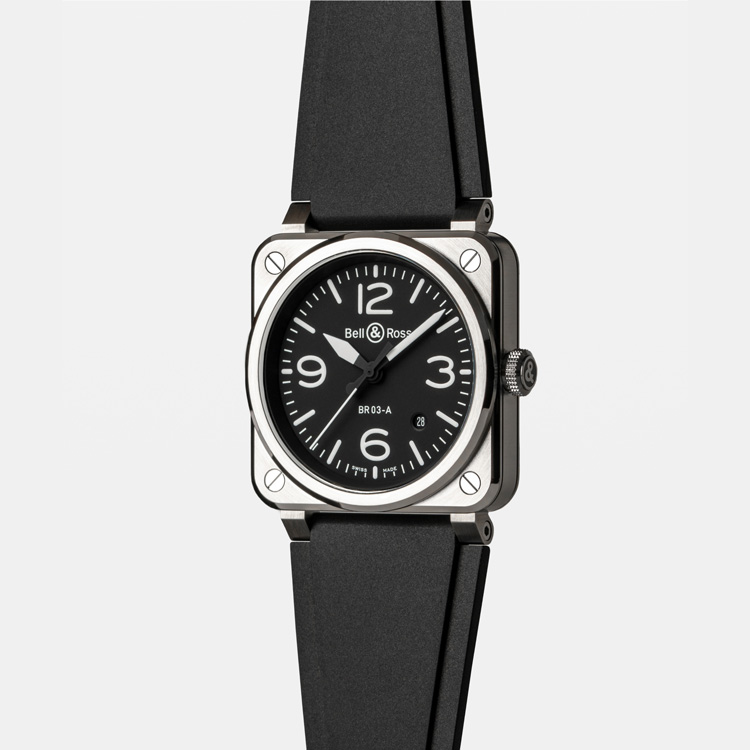detail Bell & Ross New BR-03 Black Steel BR03A-BL-ST/SRB