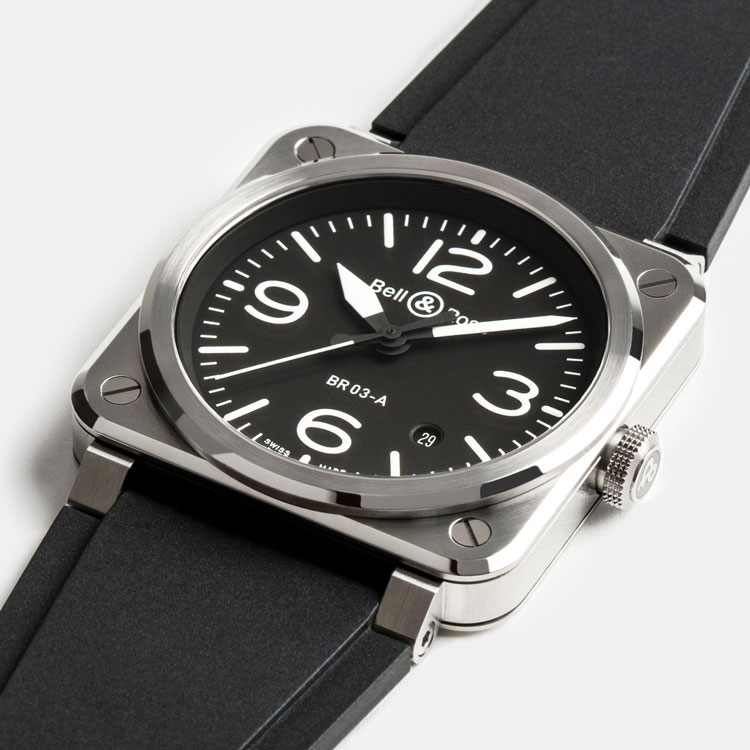 detail Bell & Ross New BR-03 Black Steel BR03A-BL-ST/SRB