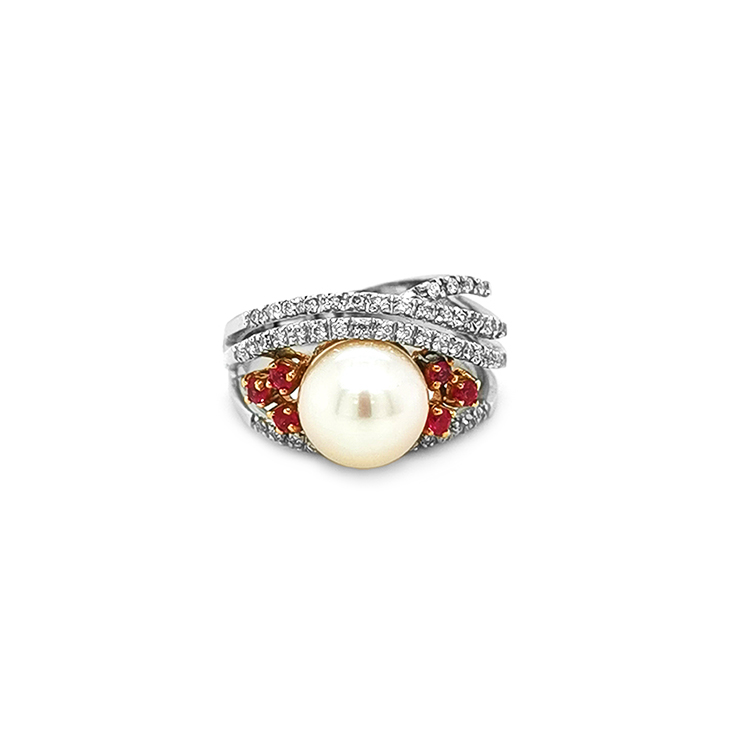 detail Zlatý Prsten s Přírodní Perlou, Růžovými Safíry a Diamanty
