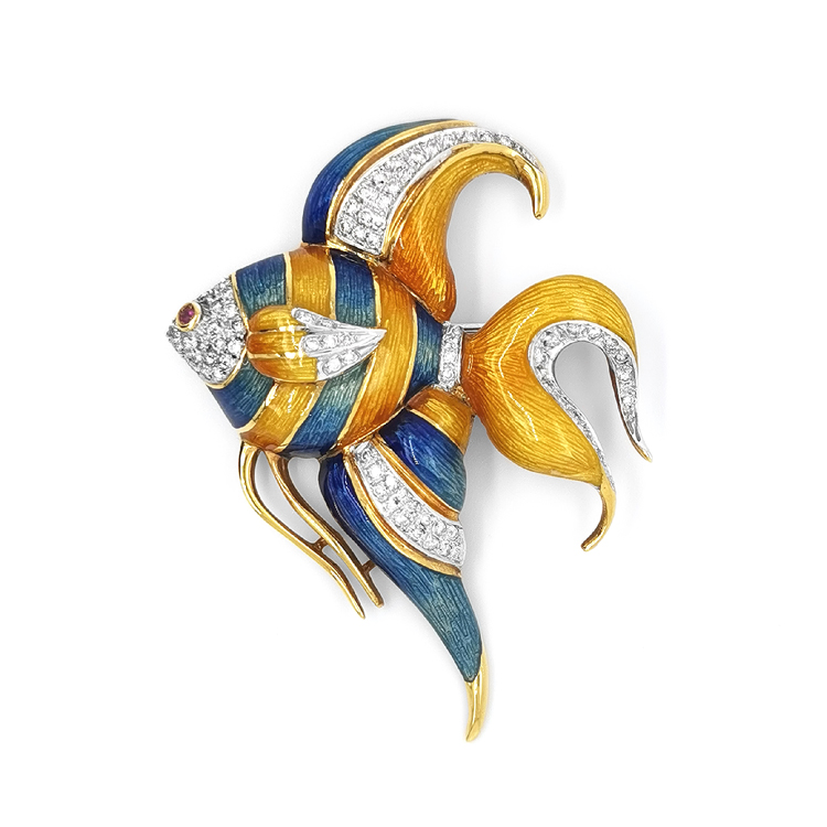 detail Zlatá Brož Ryba s Rubínem a Diamanty