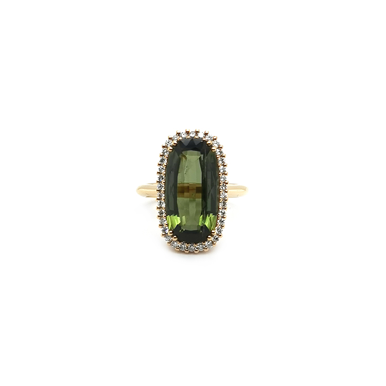 detail Zlaý Prsten s Zelený Turmalínem a Diamanty