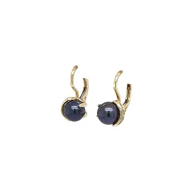 Gold Earrings with Black Pearls and Zirconia