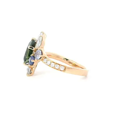 Prsten Elegance Přírody – Turmalin v Kombinaci se Safíry a Diamanty