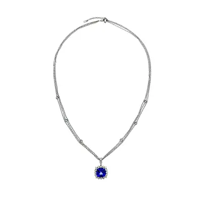 Náhrdelník s Tanzanitem v Halo Designu Obklopený Diamanty