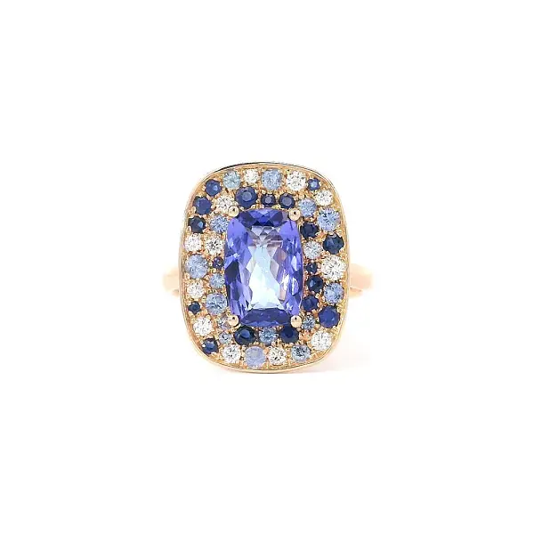 Barevná harmonie tanzanitů, safírů a diamantů v růžovém zlatě