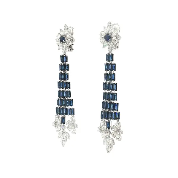 Visací náušnice z bílého zlata se safíry a diamanty