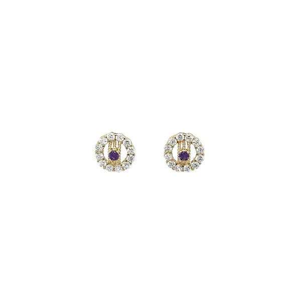 Gold Earrings with Amethyst and Clear Zircon Halo