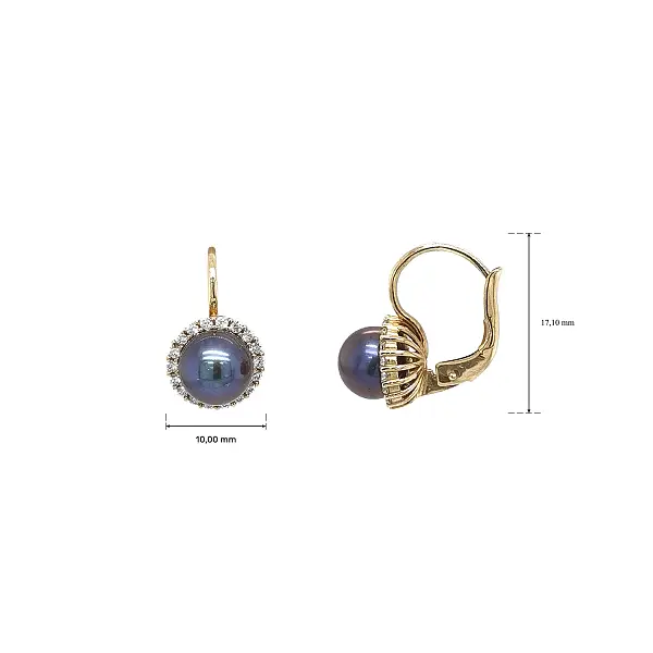 Gold Earrings with Black Pearls and Zircon Halo