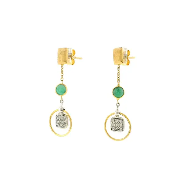 Gold drop earrings with green stone and zirconia