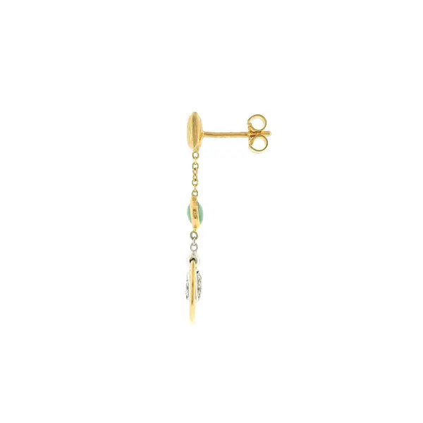Gold drop earrings with green stone and zirconia