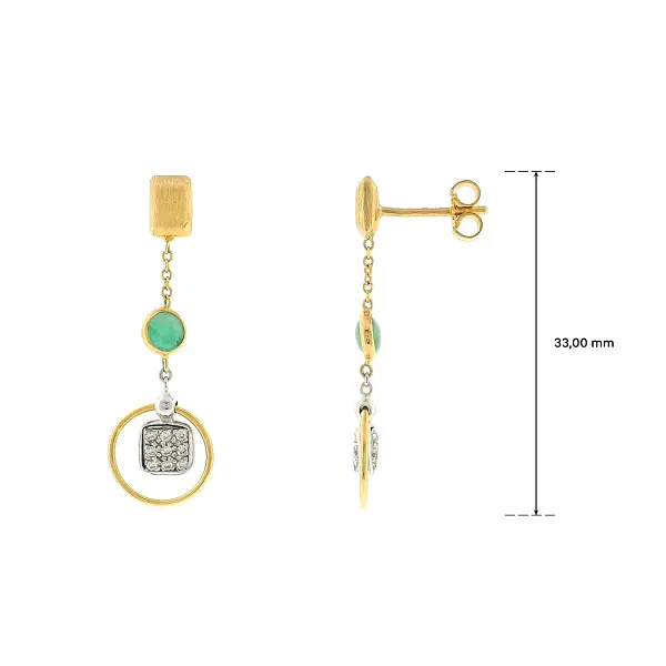 Gold drop earrings with green stone and zirconia