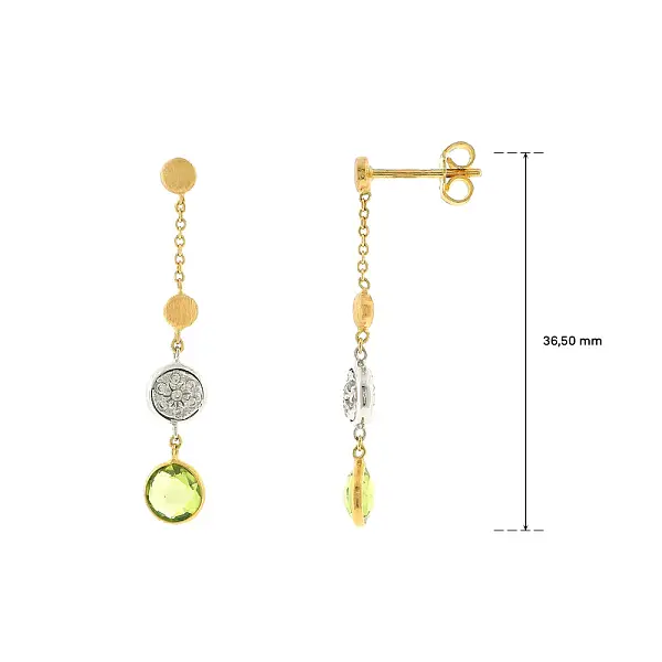 Gold drop earrings with green stone and zirconia