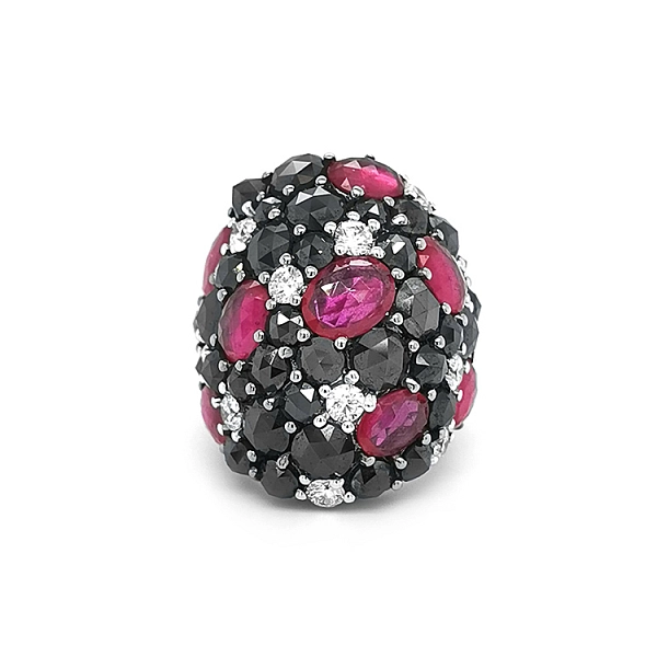 Gold Ring with Rubies, Black and White Diamonds