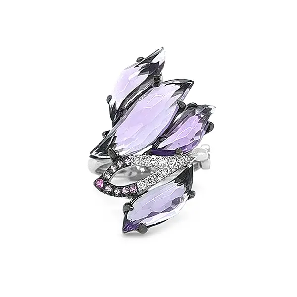 Zlatý Prsten s Ametysty, Růžovými Safíry a Diamanty