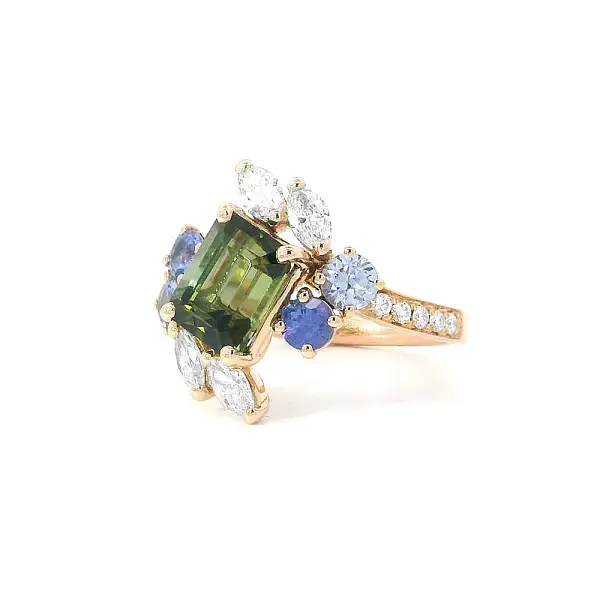Prsten Elegance Přírody – Turmalin v Kombinaci se Safíry a Diamanty