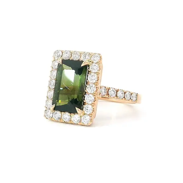 Prsten Přírodní Elegance Zeleného Turmalinu a Diamantů