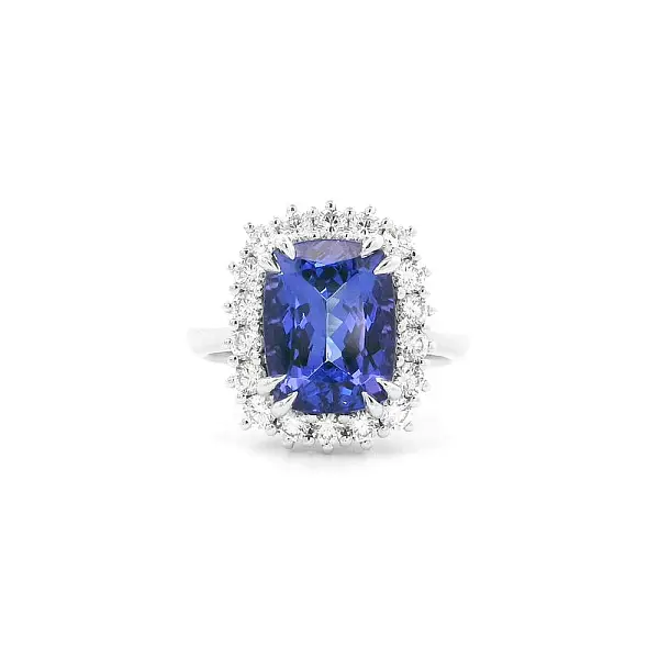 Luxusní Prsten s Tanzanitem Obklopeným Diamanty v Bílém Zlatě