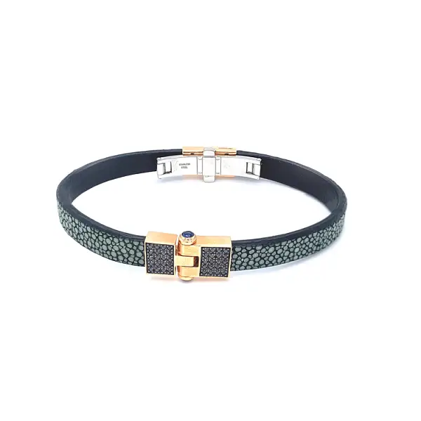 Zlatý Náramek Baraka s Kůží a Černými Diamanty BR231081