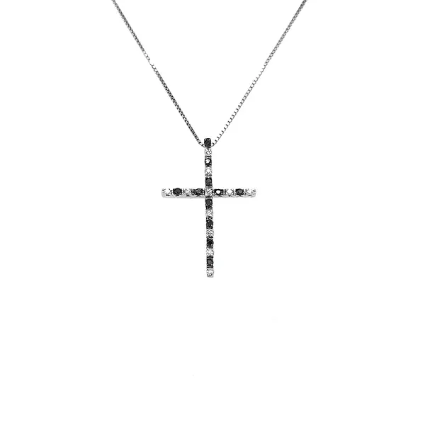 Zlatý Přívěsek Kříž s Černými a Bílými Diamanty