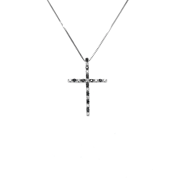 Zlatý Přívěsek Kříž s Černými a Bílými Diamanty