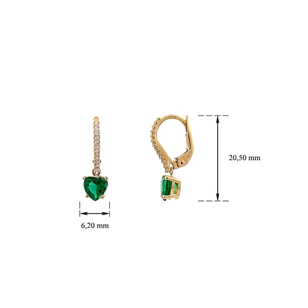 Gold Earrings with Zircones and Emerald Green Hearts