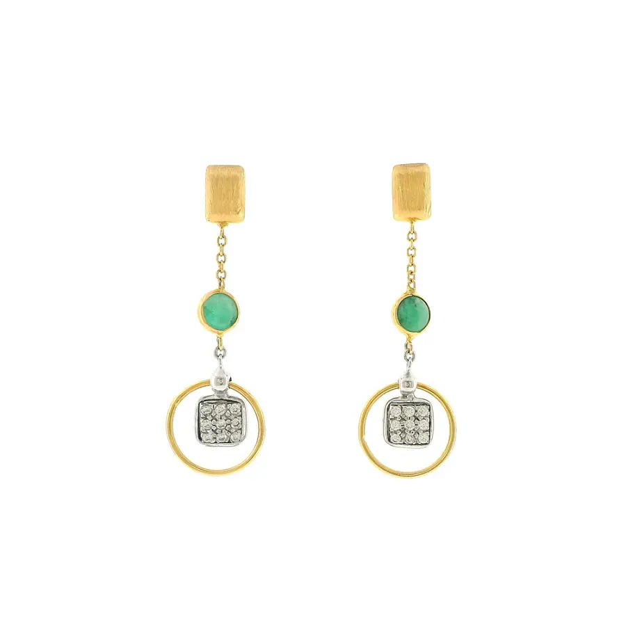 Gold drop earrings with green stone and zirconia