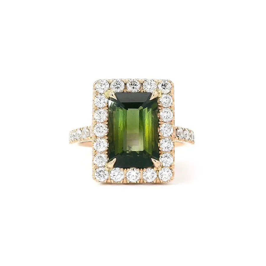 Prsten Přírodní Elegance Zeleného Turmalinu a Diamantů