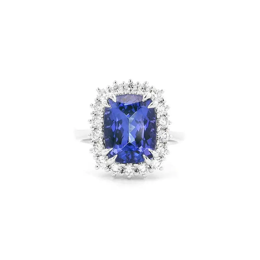 Luxusní Prsten s Tanzanitem Obklopeným Diamanty v Bílém Zlatě