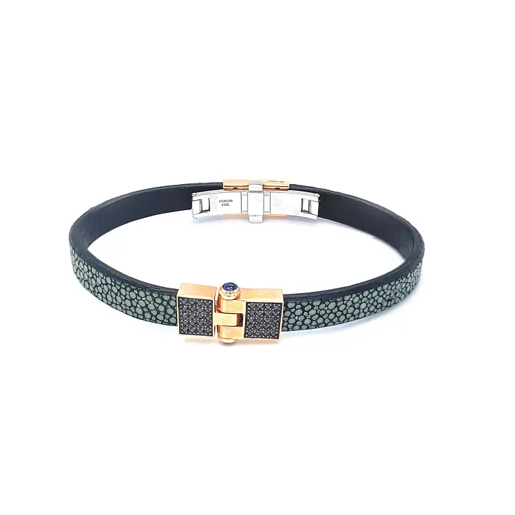 Zlatý Náramek Baraka s Kůží a Černými Diamanty BR231081
