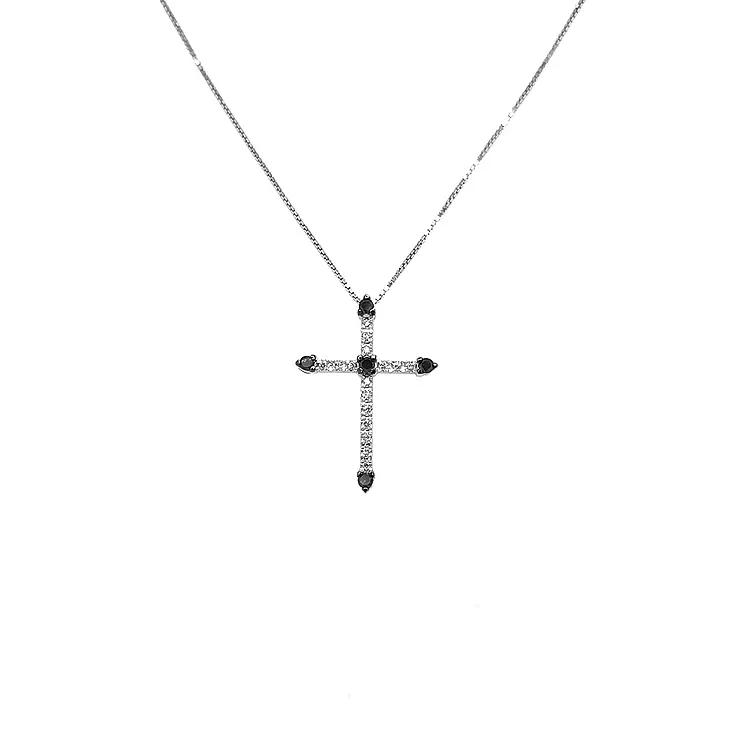 Zlatý Přívěsek Kříž s Černými a Bílými Diamanty