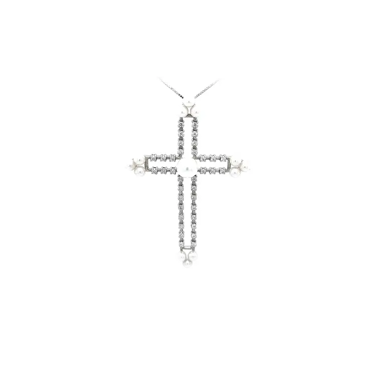 Pendant Cross with Pearl and White Gold Zircons