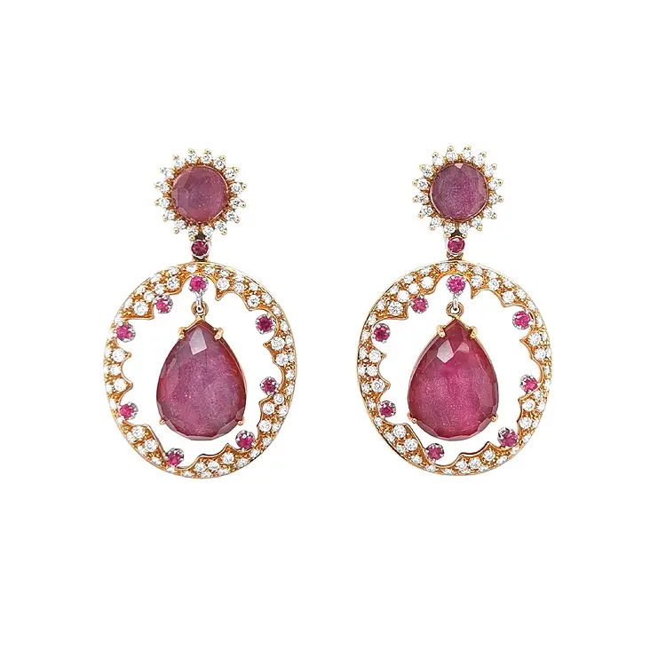 Zlaté Náušnice s Rubíny a Diamanty