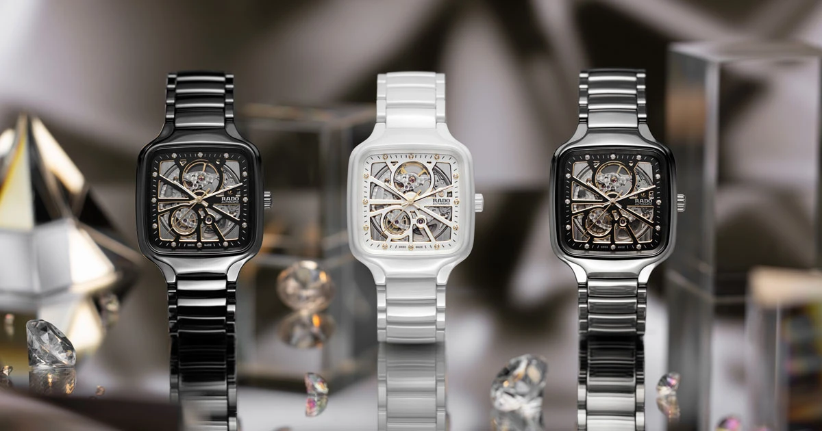 Keramické hodinky s diamanty Rado True Square Open Heart